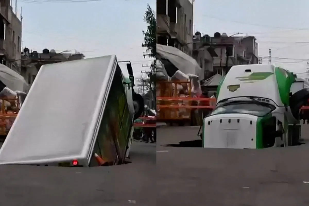 Así se ha tragado un socavón a un camión en segundos