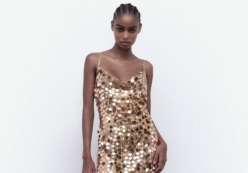 vestido zara dorado lentejuelas