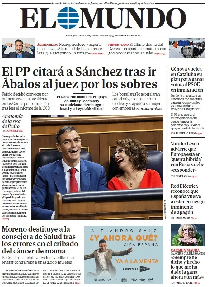 Portada de EL MUNDO del jueves 9 de octubre de 2025