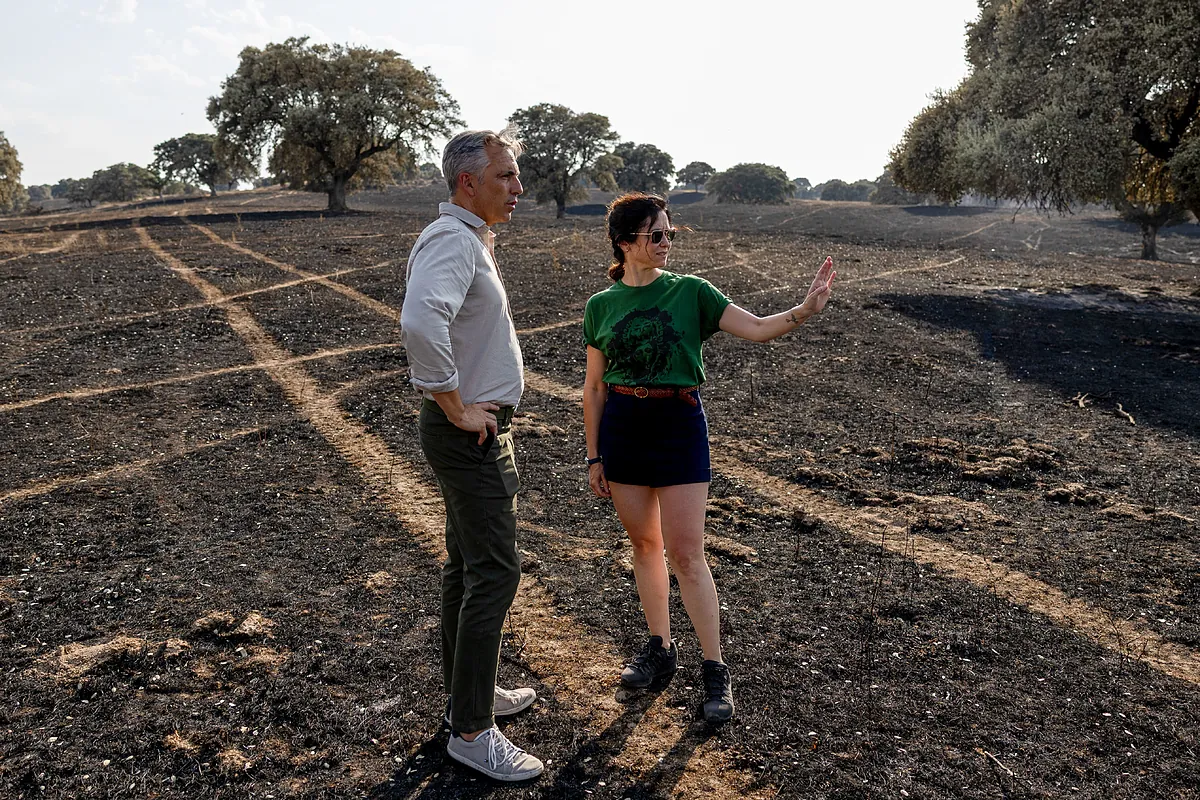 Ayuso reaparece en la zona arrasada por el incendio de Tres Cantos, anuncia ayudas y apunta a Puente:  El Twitter hay que dejarlo para otro momento; ya se pasarán facturas 