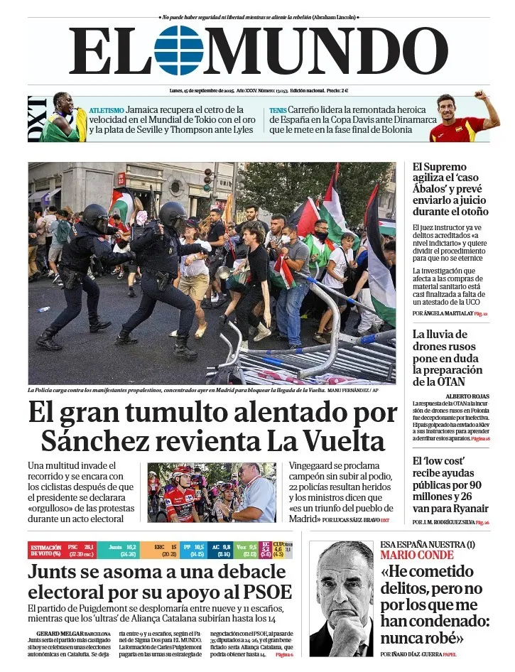 Portada de EL MUNDO del lunes 15 de septiembre de 2025