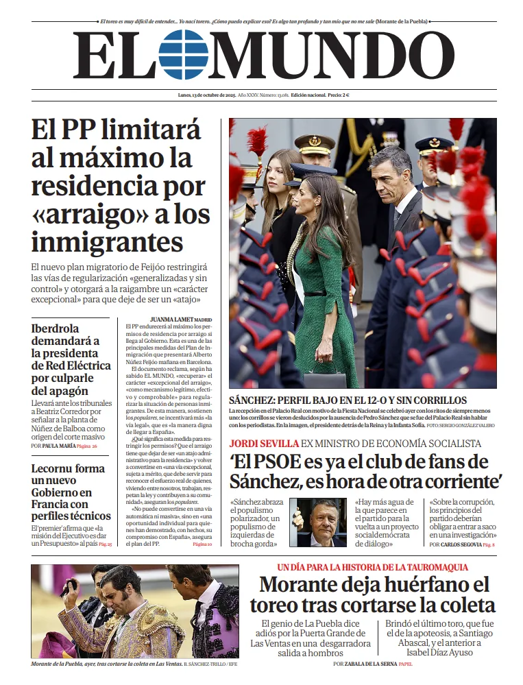 Portada de EL MUNDO del lunes 13 de octubre de 2025