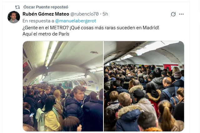 Óscar Puente retuitea un mensaje con la imagen de un andén abarrotado en París para criticar el funcionamiento del Metro de Madrid
