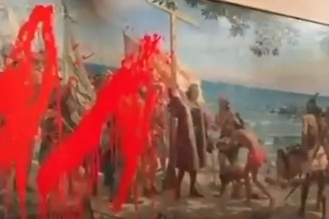 Dos activistas de Futuro Vegetal atacan un cuadro de Colón en el Museo Naval de Madrid