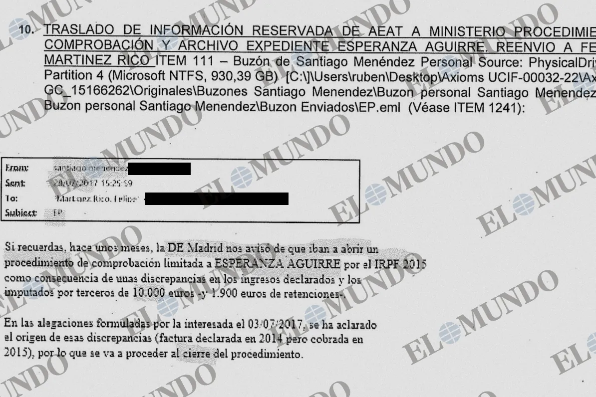 Los correos de la filtración de  información reservada  de Hacienda a Montoro: de Esperanza Aguirre a Rafa Nadal y la baronesa Thyssen
