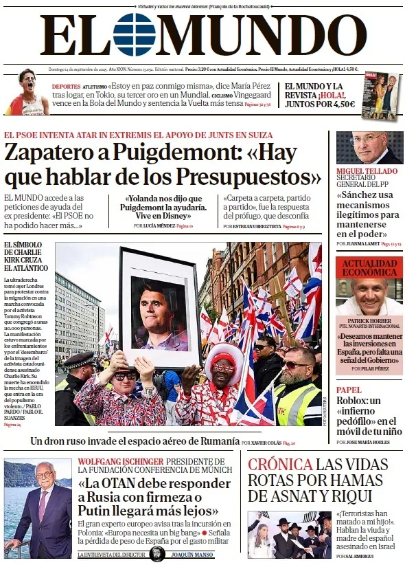 Portada de EL MUNDO del domingo 14 de septiembre de 2025